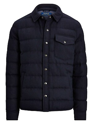#ad Polo Ralph Lauren Mens Navy Brushed Wool Blend Button Flannel Down Puffer Jacket $223.08