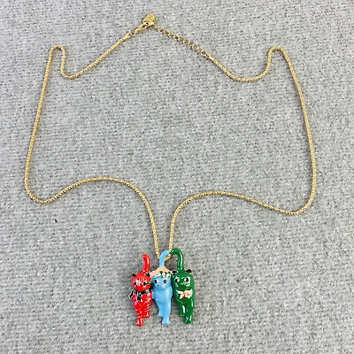 #ad Betsey Johnson Multicolor Enamel Crystal Cats Pendant Chain Necklace Brooch $10.56