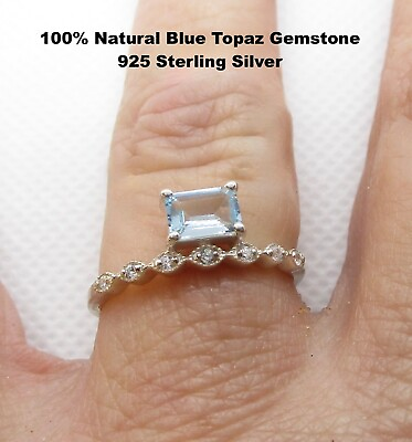 #ad Minimalist Natural Blue Topaz Sterling Silver Ring Birthstone Ring Size 7 1 4 $23.99