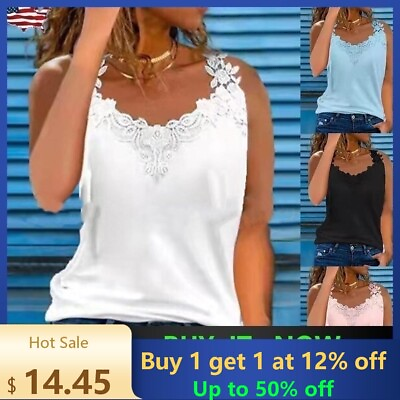 #ad Sexy Women Solid Sleeveless Vest Ladies Lace Casual Blouse Beach Cami Tank Top $14.45
