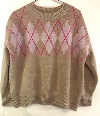 #ad Loft sweater large Tan With Pink Diamonds Soft Classic Lux Timeless $19.97