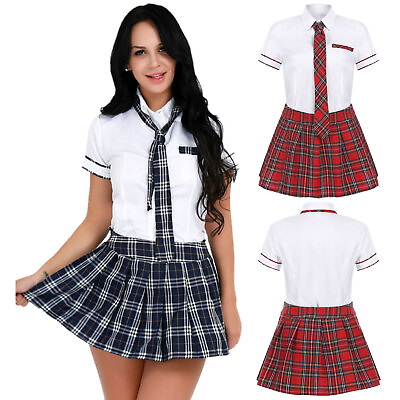 #ad US Women School Girls Uniform Set Cosplay Costume Tie Top shirt with Plaid Skirt $7.36