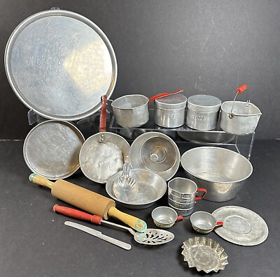 #ad Vintage Aluminum Cooking Baking Pots amp; Pans 19 Piece Childrens Toys Set Red $28.95