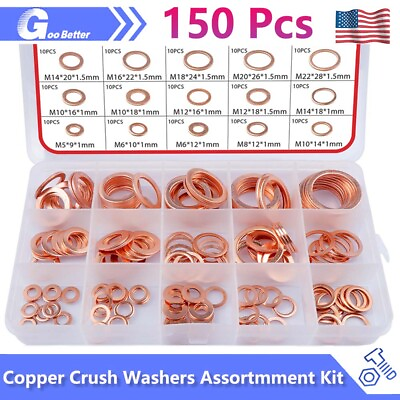 #ad 150 pcs Copper Crush Washer Gasket Set Flat Ring Seal Assortment Kit M5 M22 $12.05