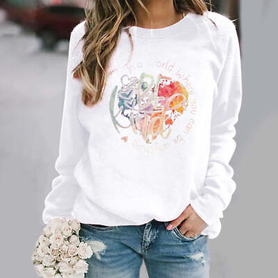 #ad Graphic Print Long sleeved Round Neck Sweatshirt Women casual top $27.37