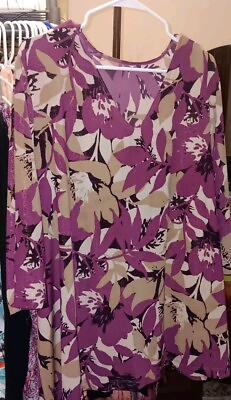 #ad Floral Purple And Goldtones Blouse. Size 2x. 3 4 Length Sleeves. $10.00