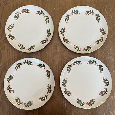 #ad Set of 4 Christmas 🎄 Holly Salad Plates White Porcelain Gold Trim 7.5” Japan $25.00