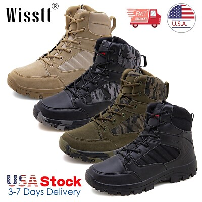 #ad Mens Desert Combat Shoes Tactical Leather Outdoor Hiking Military Boots Jungle M $43.75