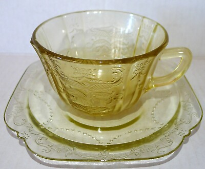 #ad Honey Glow Federal Glass Co Cup Saucer Set MADRID Depression PATTERN $10.16
