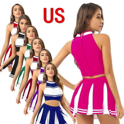 #ad US Women Cheer Leader Costume Uniform Cheerleading Crop Top Pleated Mini Skirt $19.94