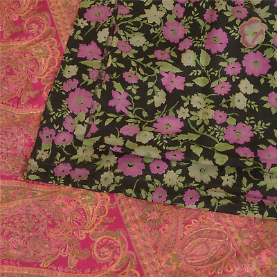 #ad Sanskriti Vintage Sarees Black Pink 100% Pure Silk Printed Sari 5Yd Craft Fabric $27.38