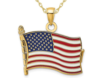 #ad 14K Yellow Gold Pledge Allegiance American Flag Pendant with Chain $869.00