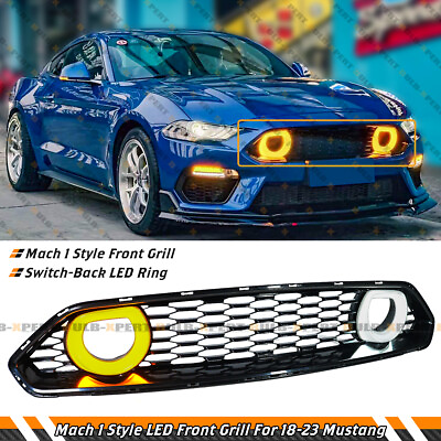 #ad For 18 23 Ford Mustang Mach 1 Style Front Grille W White amp; Amber LED Halo Rims $159.99