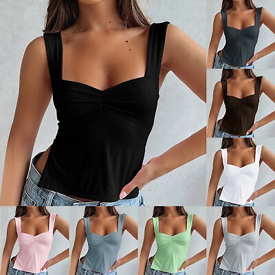 #ad Women Sleeveless Slim Crop Tank Top Sexy Pleated Bustier Square Neck Strap Vest $13.44