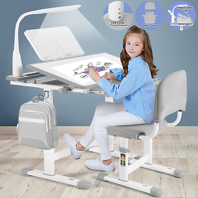 #ad #ad Kids Gray Desk Chair Set Height Adjustable Children Study Table with Lamp Drawer $149.99