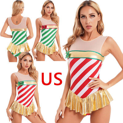 #ad US Womens Candy Cane Christmas Costume Sleeveless Bodysuit Leotard Shiny Dresses $14.65