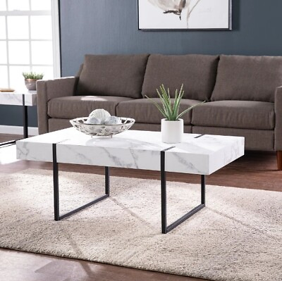 #ad Table Cocktail Faux Marble Coffee Top Modern White Living Room Furniture Sofa $221.23