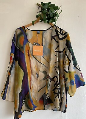 #ad Cocoon Tao House Hand Printed OOAK Art to Wear Open Fine Wool Lux Cardigan L XL $129.99