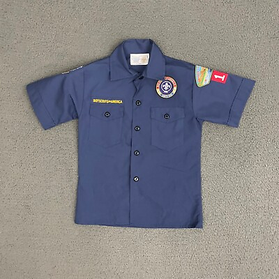#ad Boys Scouts Shirt Youth Small Blue Button Up Embroidered Flag Outdoor $14.96
