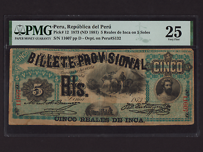#ad Peru:P 125 Reales on 5 Soles 1873 * República del Perú * PMG VF 25 * $259.00