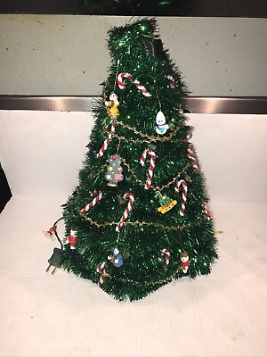 #ad Christmas Tree Metal Frame Approx. 18” Ornaments Vintage Tabletop Green Garland $49.73