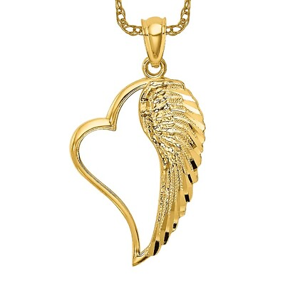#ad 14K Yellow Gold Heart Love Wing Necklace Charm Pendant $157.00