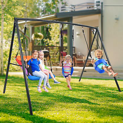 #ad Metal Playground Swing Set Heavy Duty Frame Kids Backyard with Three Swing Seat $197.36
