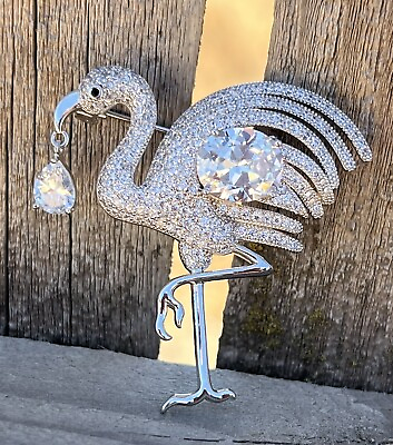 #ad Vintage Flamingo Birds Clear Crystal Glass Rhinestones Brooch Pin Silver Tone $19.99