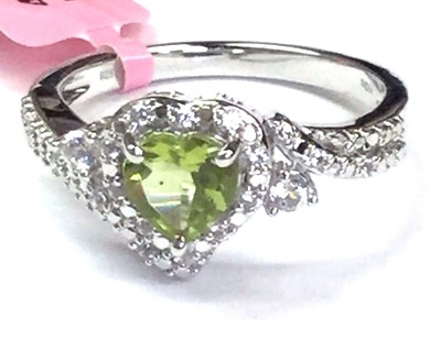 #ad Sterling Silver 925 Love Heart Green Peridot Pave CZ Petite Halo Cocktail Ring $52.00