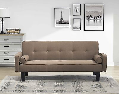 #ad Modern 72quot; living room convertible Brown cotton linen sofa bed with 2 pillows $283.59