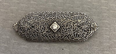 #ad 925 Sterling Silver Fine Filigree Crystal Brooch Art Deco Revival Lacy Openwork $25.95