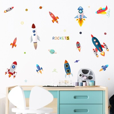 #ad Cartoon Outer Space Rocket Wall Sticker Children#x27;s Bedroom Kindergarten Class $9.50