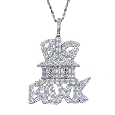 #ad 14K Gold Moissanite Big Bank Sign Necklace Pendant with Rope Chain Hip Hop Gift $164.00