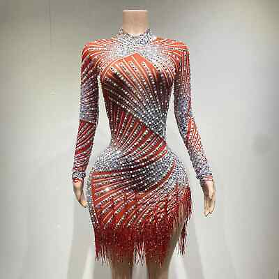 #ad Women Fringe High Neck Mesh Bodycon Dress Singer Dancer Stage Wear Party Costume $174.20