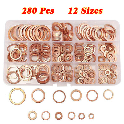 #ad US STOCK 12 Sizes Solid Copper Crush Washers Assorted Seal Flat Ring Hardware $23.39