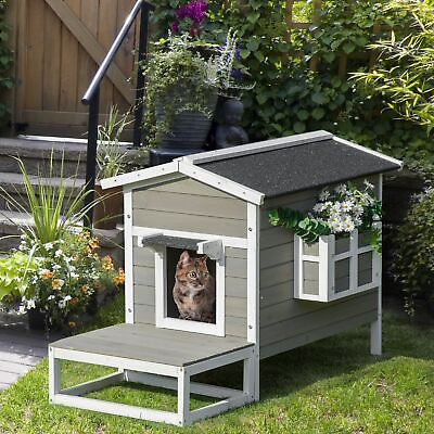 #ad Wood Luxury Raised Outdoor Indoor Dog Cage Cat House with Balcony Grey $114.99