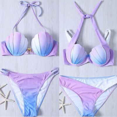 #ad Women Sexy Bikini Set Mermaid Shell Bra Swimwear Padded Push up Swimsuit Beach $14.98