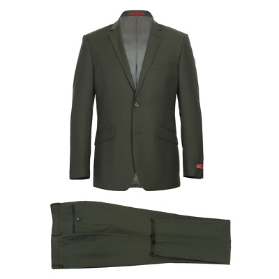 #ad Renoir Mens Olive Green Slim 2 Piece Suit Jacket Pants 2 Button Coat Tie Hanky $124.00
