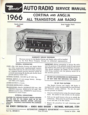 #ad Bendix Auto Radio Service Manual 1966 Cortina and Anglia All Transistor AM Radio $9.97