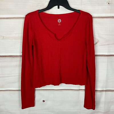 #ad SO Top Juniors Medium Womens Waffle Knit Long Sleeve Red Knit Scoop Neck Solid $8.39