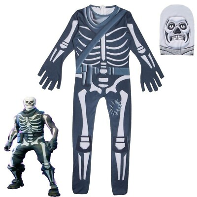 #ad Fortnite Skull Trooper Cosplay Costume Halloween Zentai Jumpsuit Kids Skull Troo $19.19