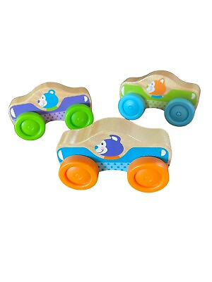 #ad Melissa And Doug Lot Of 3 First Play Wooden Stackable Cars Plastic Wheels 4quot; $8.05