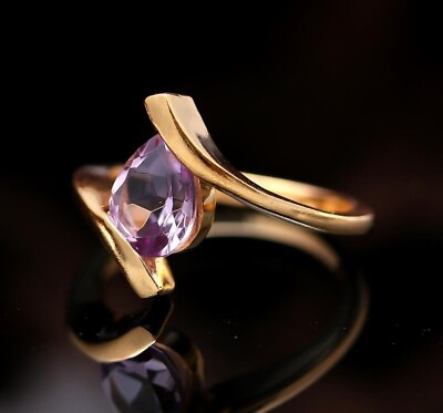 #ad Genuine Amethyst Pear 925 Sterling Silver Gold Plated Wedding Ring for Women $39.99