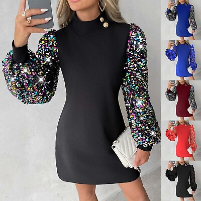 #ad Women#x27;s Bodycon Dress Long Puff Sleeve Sequins Mesh Mini Party Cocktail Dress $23.95