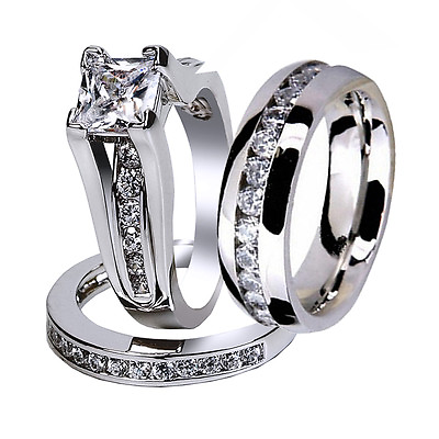 #ad His Hers 3 Pcs Stainless Steel CZ Wedding Engagement Matching Ring Band Set $34.49