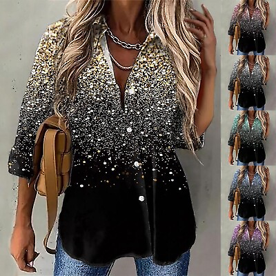 #ad Womens Sequin Print Tops V Neck Sparkly Glitter Blouses Loose Long Sleeve $19.61