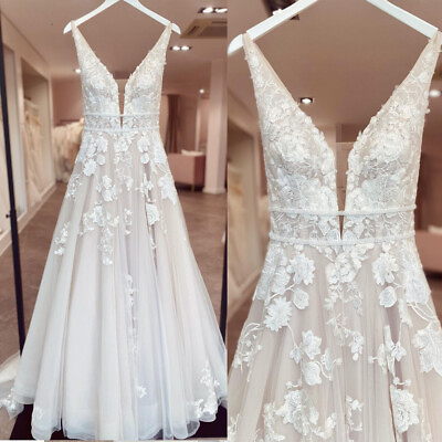 #ad Boho Plus Size Wedding Dresses V Neck Appliques Lace A Line Beach Bridal Gown $142.90