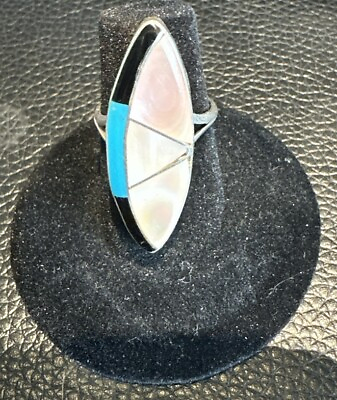 #ad NATIVE AMERICAN STERLING BLUE TURQUOISE ONYX CORAL INLAY GEOMETRIC RING 5 3 4 $74.00