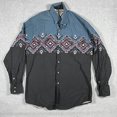 #ad Vintage Cowboy Turtle Western Aztec Stripe Cowboy Rodeo Shirt Mens Size Large $27.88