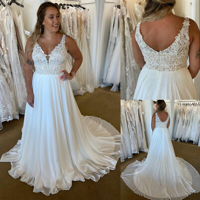 #ad Plus Size Wedding Dresses A Line Chiffon Simple Beach Sleeveless Sweep Train $145.07